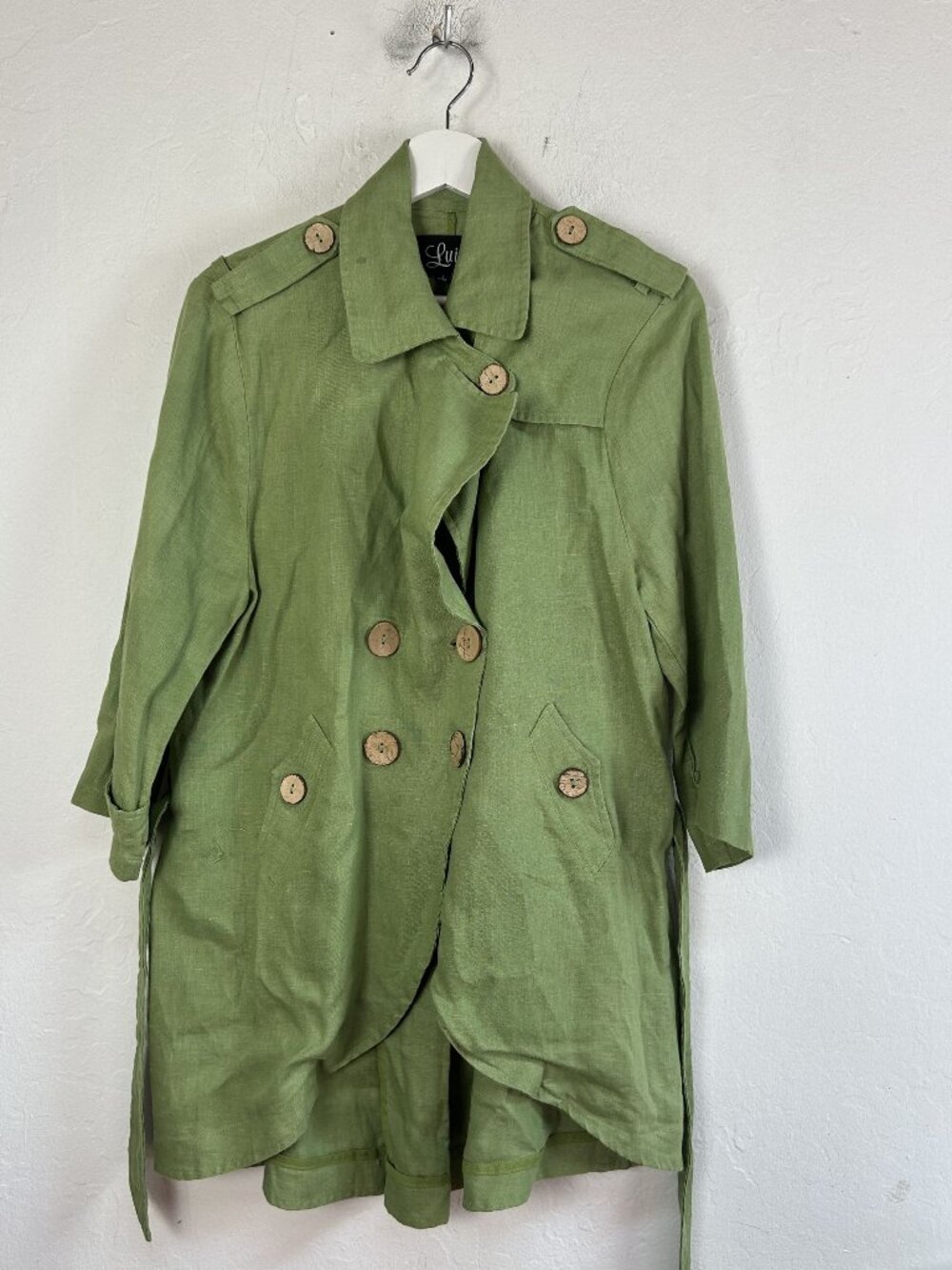 Luii Women's Large 100% Linen Trench Coat Green Belted Double Breasted Military